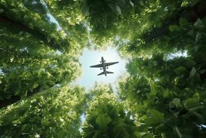 View of an airplane in the middle of a tree seen from below. generative ai photo