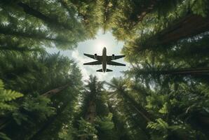 View of an airplane in the middle of a tree seen from below. generative ai photo