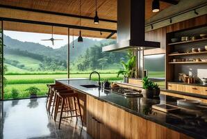 Luxurious kitchen with wood design and natural view. generative ai photo