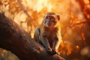 Monkey on a tree with blurred background and sunlight. generative ai photo
