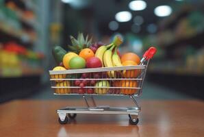 Miniature shopping cart with wheels filled with fresh fruits on wooden table with blurred background in supermarket. generative ai photo