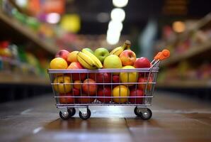 miniatura compras carro con ruedas lleno con Fresco frutas en de madera mesa con borroso antecedentes en supermercado. generativo ai foto