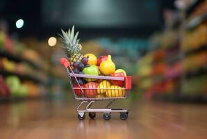 Miniature shopping cart with wheels filled with fresh fruits on wooden table with blurred background in supermarket. generative ai photo