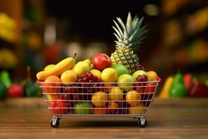 miniatura compras carro con ruedas lleno con Fresco frutas en de madera mesa con borroso antecedentes en supermercado. generativo ai foto