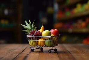 Miniature shopping cart with wheels filled with fresh fruits on wooden table with blurred background in supermarket. generative ai photo