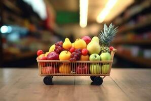 miniatura compras carro con ruedas lleno con Fresco frutas en de madera mesa con borroso antecedentes en supermercado. generativo ai foto