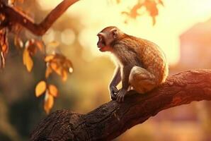 Monkey on a tree with blurred background and sunlight. generative ai photo