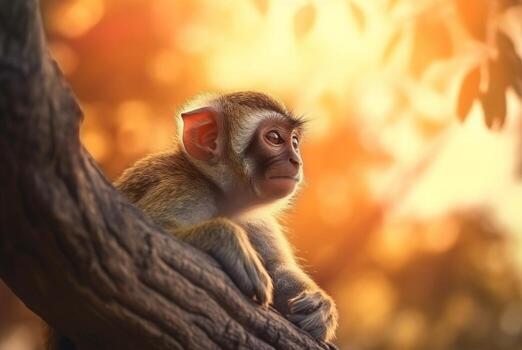 Monkey on a tree with blurred background and sunlight. generative ai photo