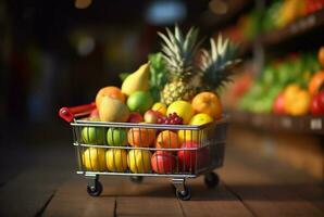 miniatura compras carro con ruedas lleno con Fresco frutas en de madera mesa con borroso antecedentes en supermercado. generativo ai foto