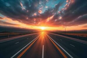 View of asphalt road with beautiful sunset in the evening. generative ai photo
