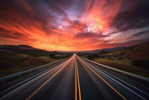 ver de asfalto la carretera con hermosa puesta de sol en el noche. generativo ai foto