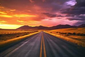View of asphalt road with beautiful sunset in the evening. generative ai photo