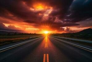 View of asphalt road with beautiful sunset in the evening. generative ai photo