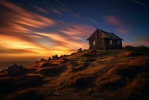 View of the hut on the hill, long exposure. generative ai photo