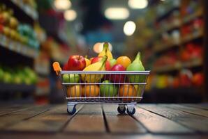 Miniature shopping cart with wheels filled with fresh fruits on wooden table with blurred background in supermarket. generative ai photo