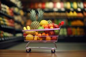 Miniature shopping cart with wheels filled with fresh fruits on wooden table with blurred background in supermarket. generative ai photo