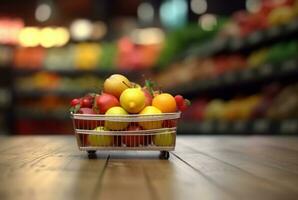 Miniature shopping cart with wheels filled with fresh fruits on wooden table with blurred background in supermarket. generative ai photo