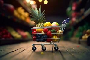 Miniature shopping cart with wheels filled with fresh fruits on wooden table with blurred background in supermarket. generative ai photo