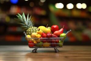 miniatura compras carro con ruedas lleno con Fresco frutas en de madera mesa con borroso antecedentes en supermercado. generativo ai foto