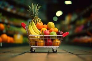 miniatura compras carro con ruedas lleno con Fresco frutas en de madera mesa con borroso antecedentes en supermercado. generativo ai foto