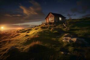 View of the hut on the hill, long exposure. generative ai photo