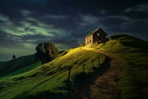 View of the hut on the hill, long exposure. generative ai photo