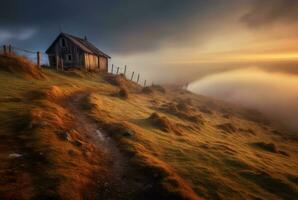 View of the hut on the hill, long exposure. generative ai photo