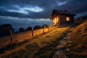 View of the hut on the hill, long exposure. generative ai photo