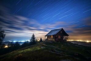 View of the hut on the hill, long exposure. generative ai photo