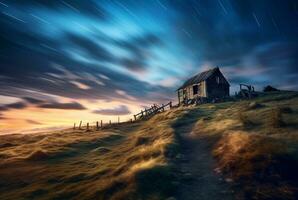 View of the hut on the hill, long exposure. generative ai photo