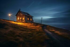 View of the hut on the hill, long exposure. generative ai photo