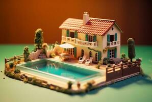 Miniature luxury house with swimming pool. generative ai photo