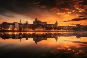 view of city from across river with reflection, long exposure. generative ai photo