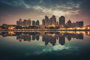 view of city from across river with reflection, long exposure. generative ai photo