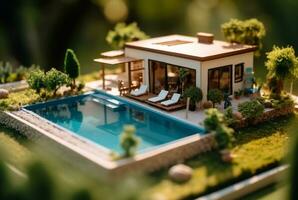 Miniature luxury house with swimming pool. generative ai photo