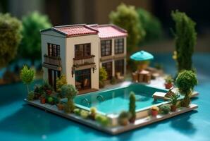 Miniature luxury house with swimming pool. generative ai photo