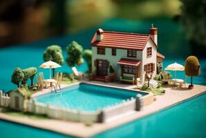 Miniature luxury house with swimming pool. generative ai photo