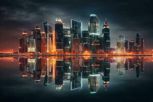 view of city from across river with reflection, long exposure. generative ai photo