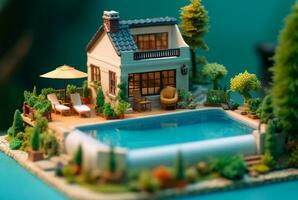 Miniature luxury house with swimming pool. generative ai photo