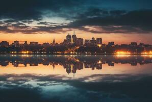 view of city from across river with reflection, long exposure. generative ai photo