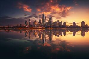 view of city from across river with reflection, long exposure. generative ai photo