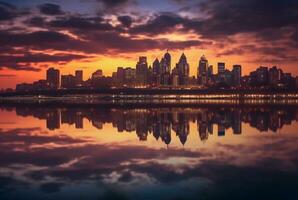 view of city from across river with reflection, long exposure. generative ai photo