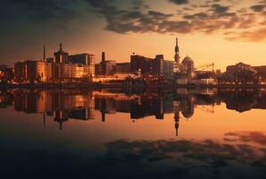 view of city from across river with reflection, long exposure. generative ai photo