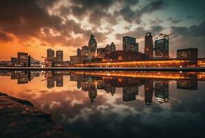 view of city from across river with reflection, long exposure. generative ai photo