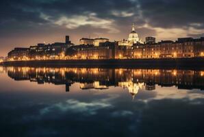 view of city from across river with reflection, long exposure. generative ai photo