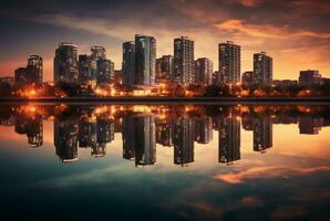 view of city from across river with reflection, long exposure. generative ai photo