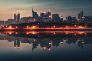 view of city from across river with reflection, long exposure. generative ai photo