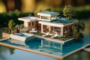 Miniature luxury house with swimming pool. generative ai photo