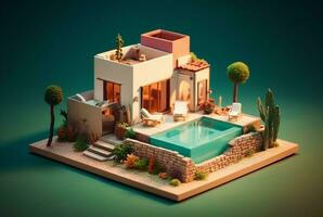 Miniature luxury house with swimming pool. generative ai photo