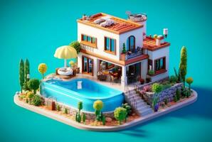 Miniature luxury house with swimming pool. generative ai photo